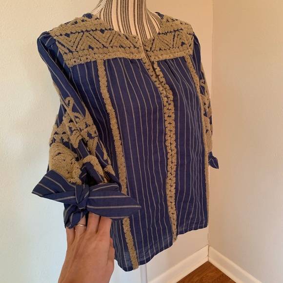 Sundance Inspired Artist Blue Striped Top Linen Women’s S - Picture 4 of 11